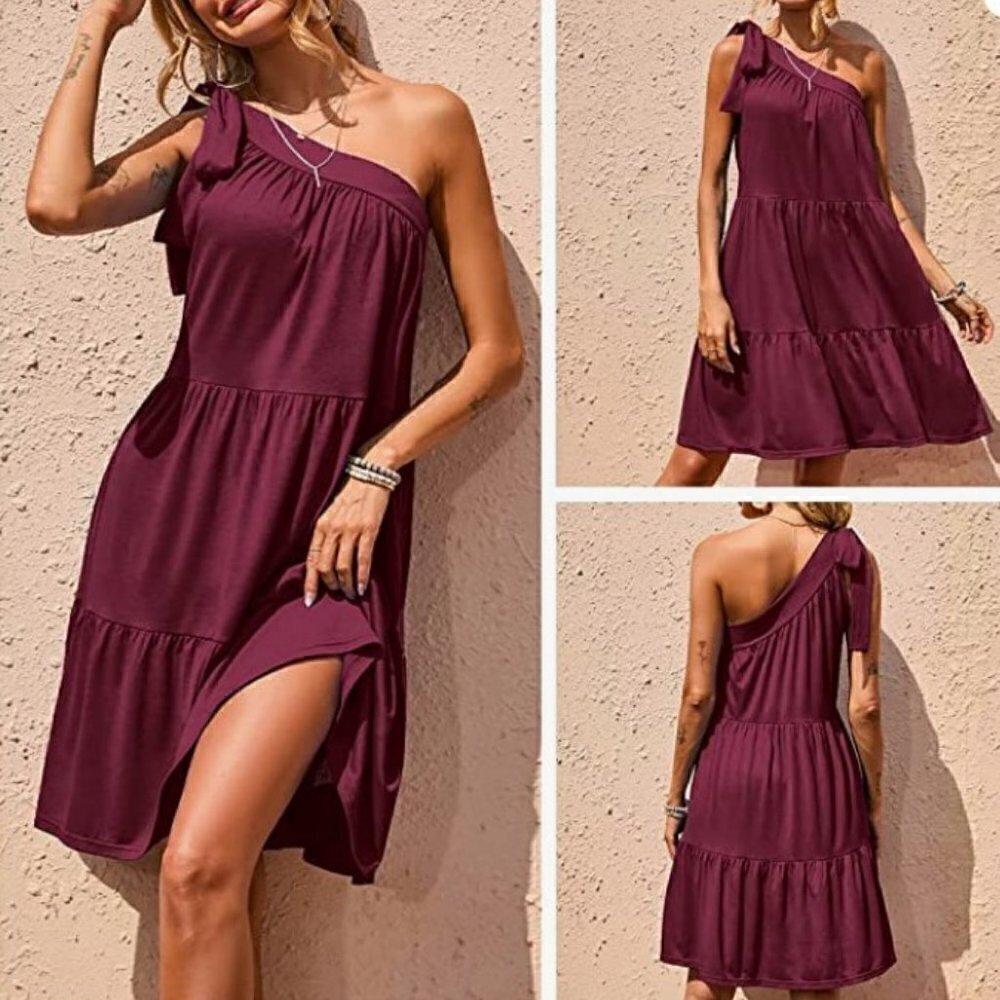 Kirundo One Shoulder Maroon Ruffled Summer Dress